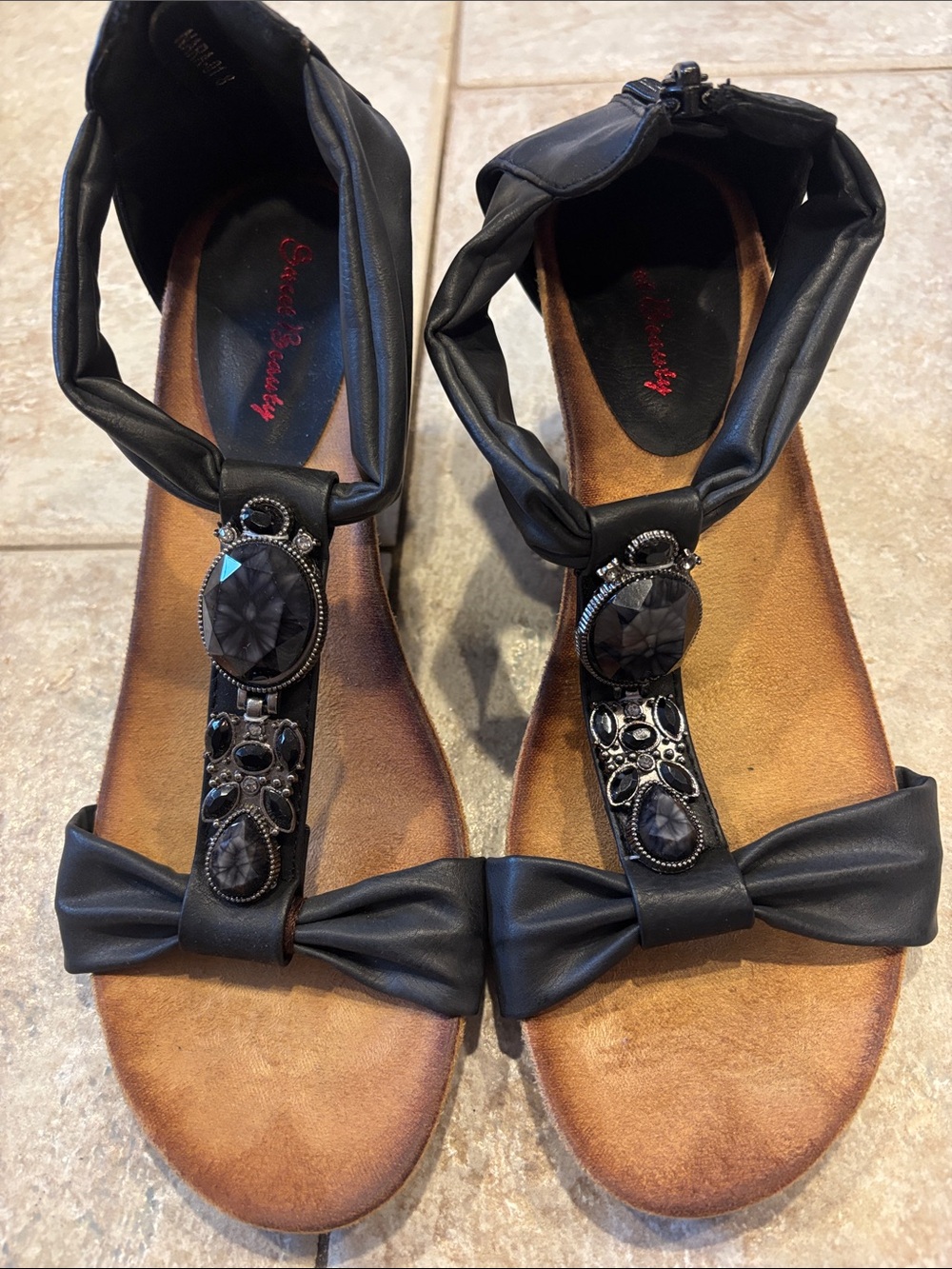 Black Jeweled T-Strap Ankle-Wrap Sandals with Bow Accent